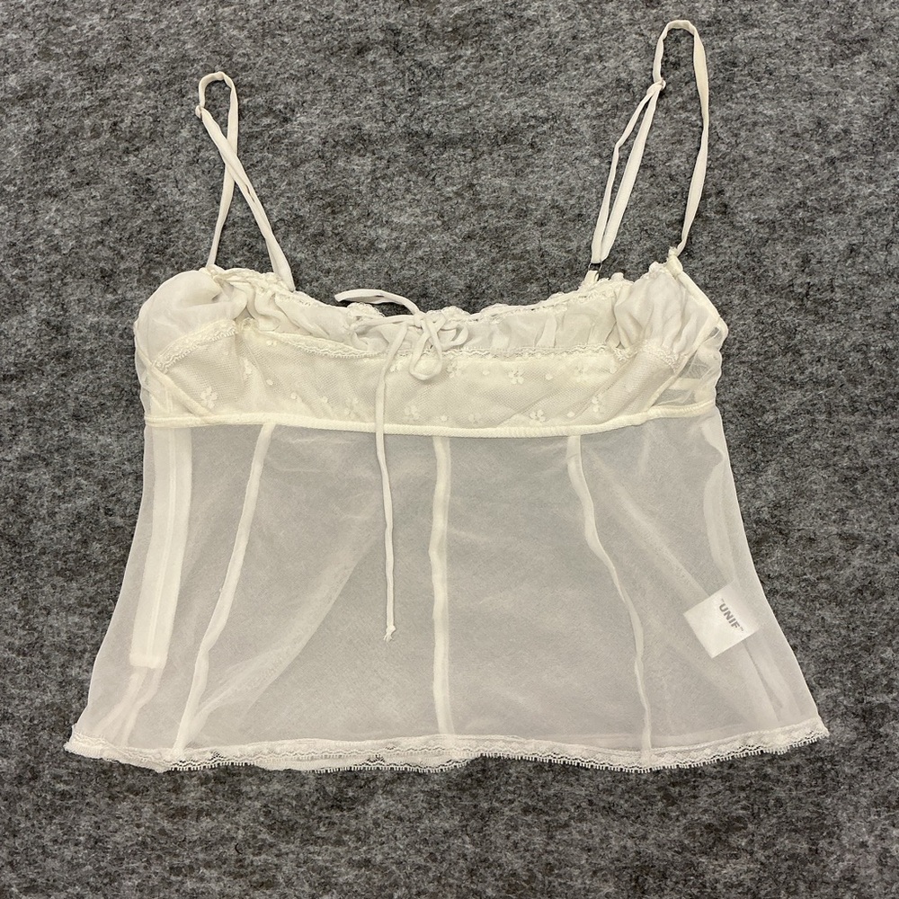 UNIF Sheer Y2K Corset Milkmaid White Lace Trim Tank Top Size XL